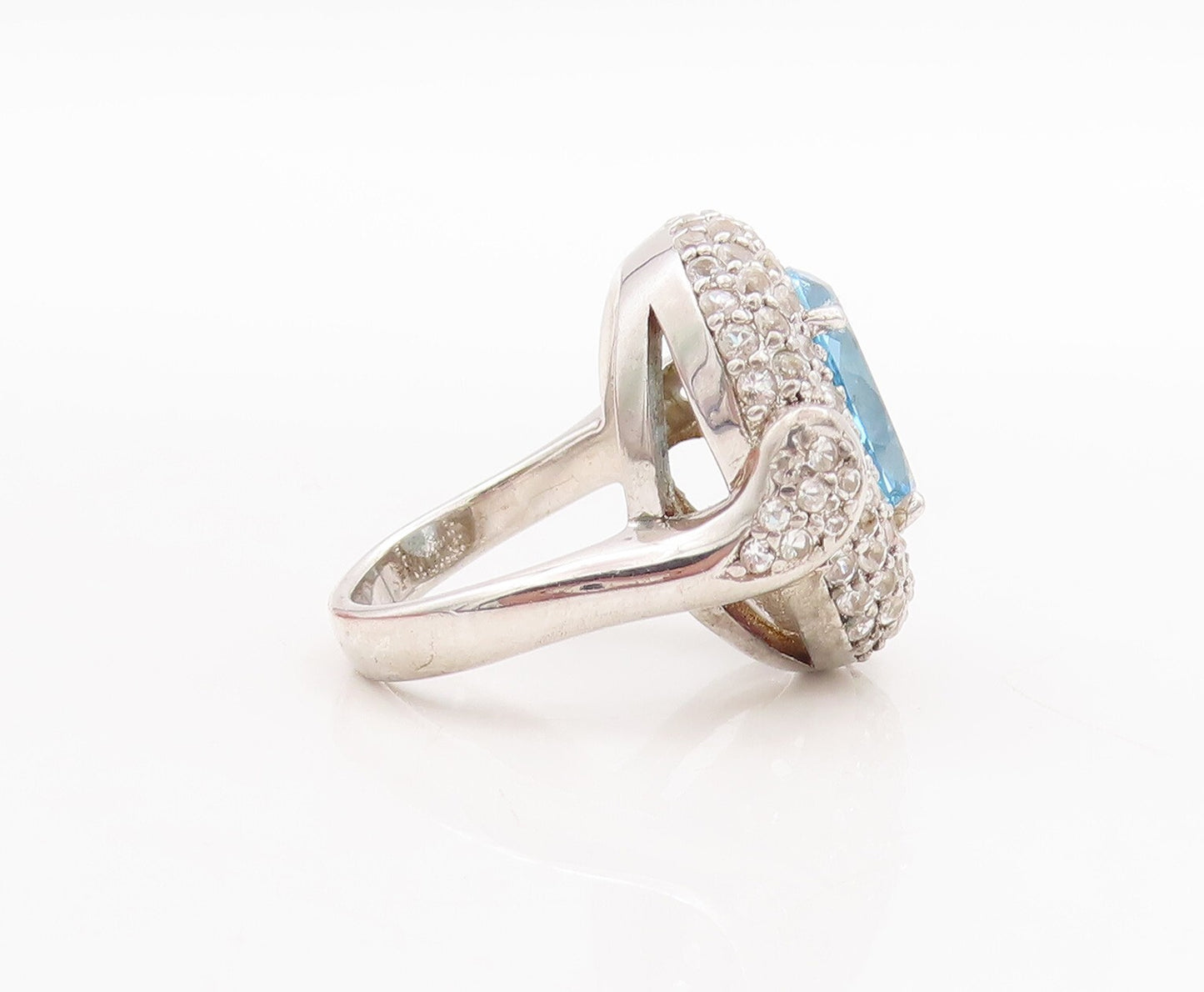 925 Sterling Silver Vintage Ring Oval Cut Blue Topaz Halo CZ  Sz 7  RG29355