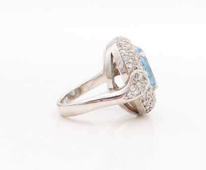 925 Sterling Silver Vintage Ring Oval Cut Blue Topaz Halo CZ  Sz 7  RG29355