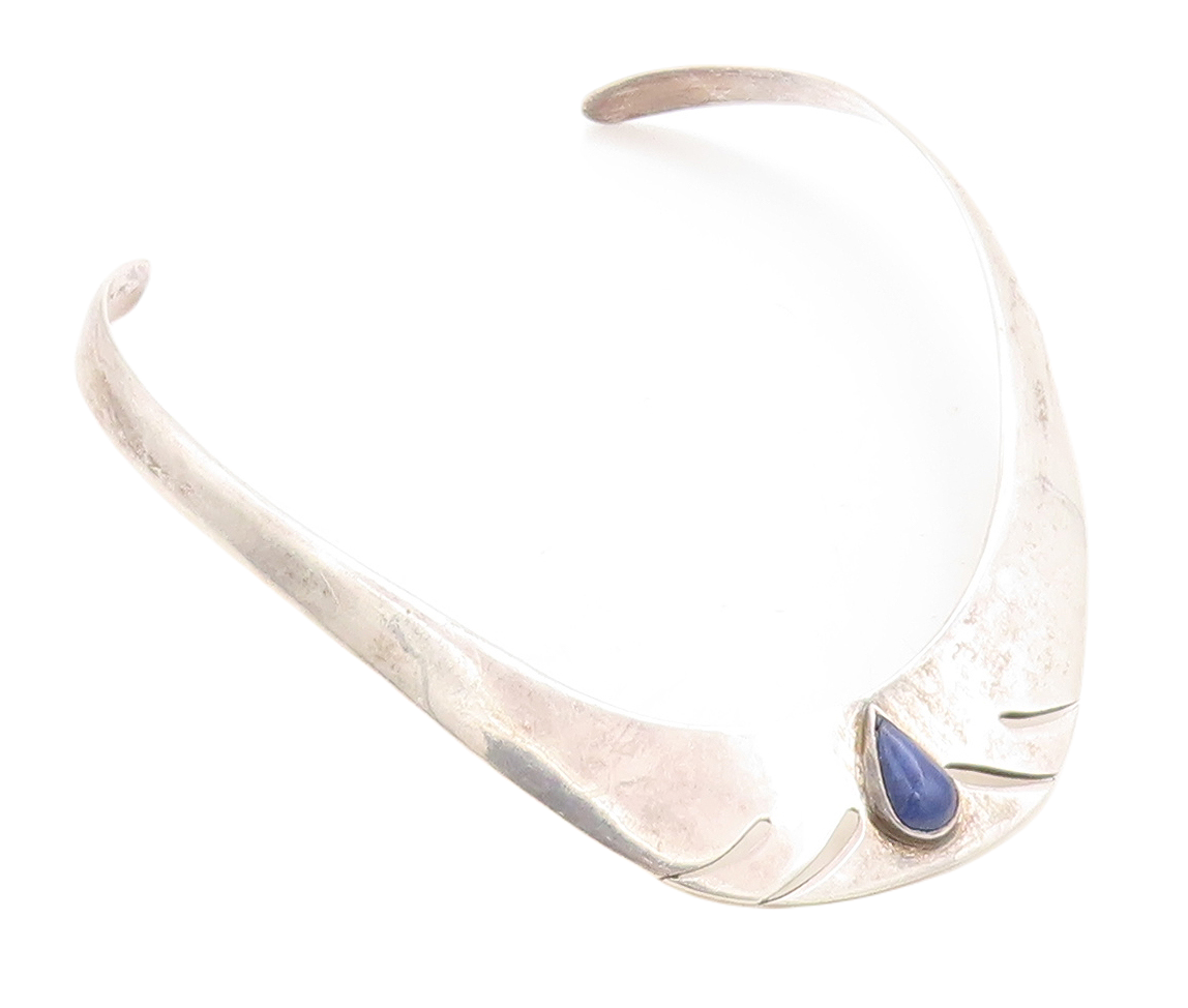 MEXICO 925 Sterling Silver  Vintage Lapis Lazuli Cutout Collar Necklace NE1897