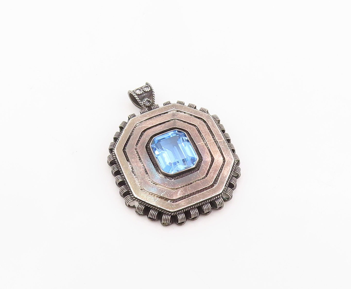925 Sterling Silver Vintage Pendant EREZ ISRAEL Classic Blue Topaz Charm PT26238
