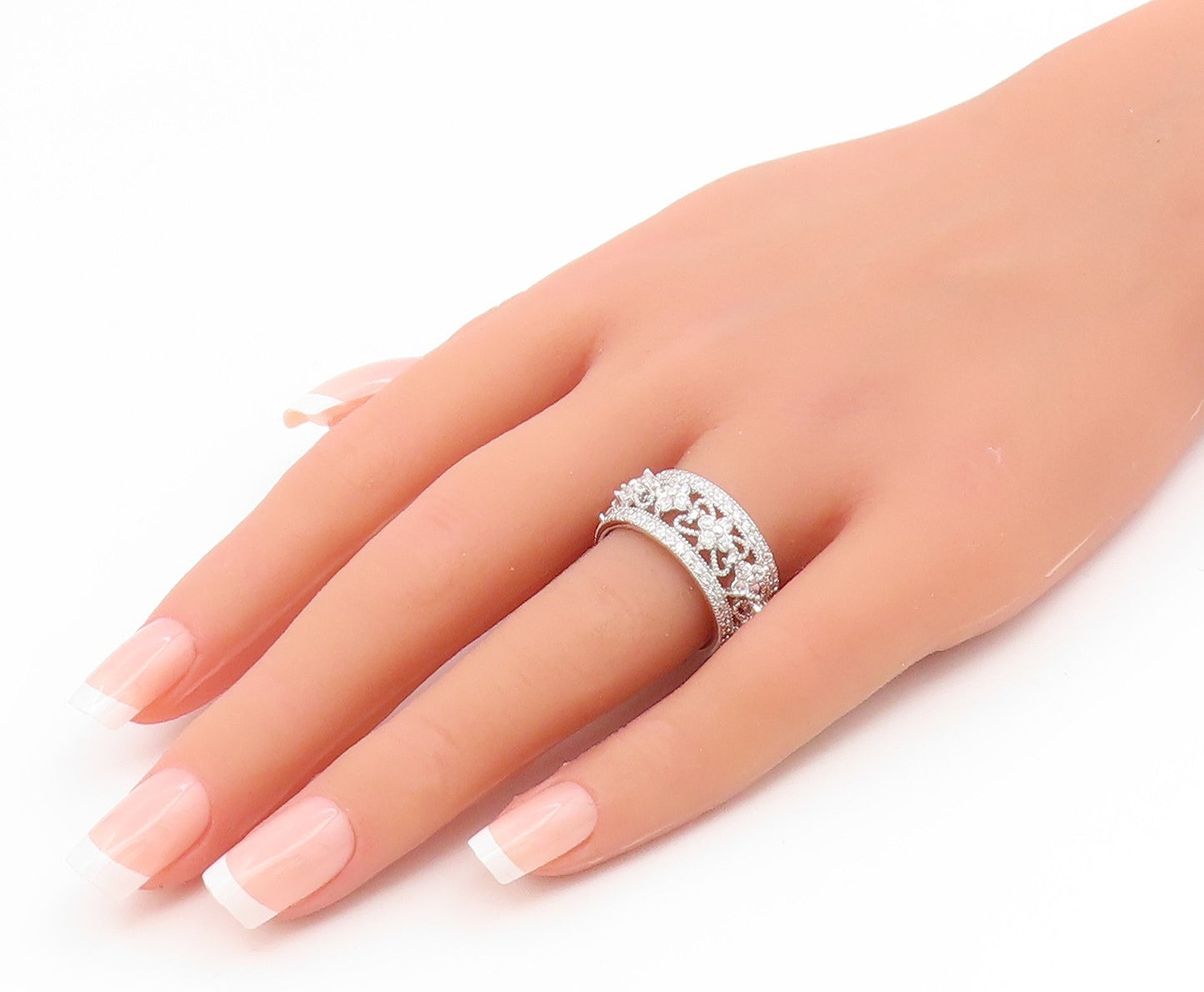 925 Sterling Silver Vintage Ring CZ Floral Openwork Eternity Band  Sz 8  RG35194