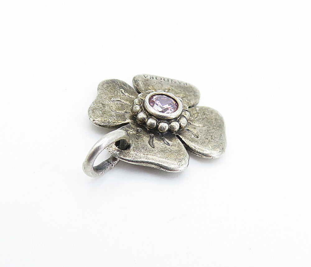 PANDORA 925 Sterling Silver  Vintage Pink Topaz Flower Motif Pendant  PT4199