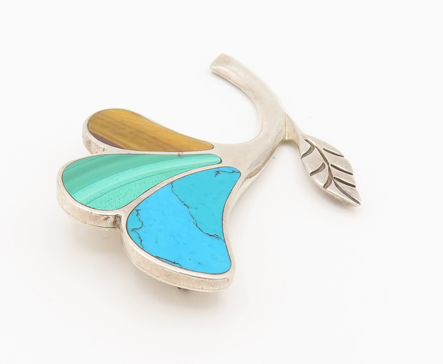 MEXICO 925 Silver  Vintage Tigers Eye Turquoise & Malachite Brooch Pin BP10142