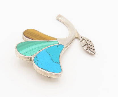MEXICO 925 Silver  Vintage Tigers Eye Turquoise & Malachite Brooch Pin BP10142