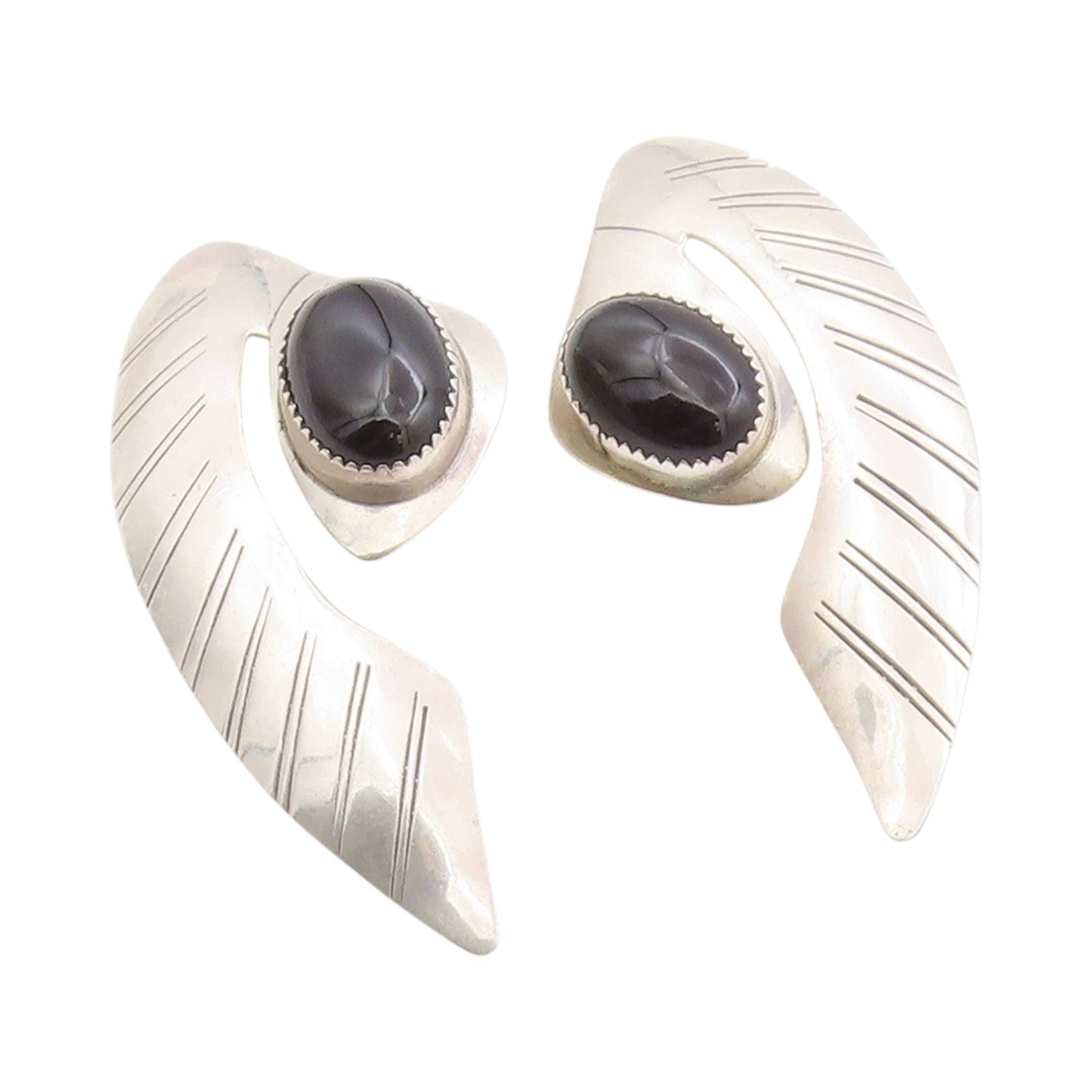 925 Sterling Silver Vintage Earrings NAVAJO Oval Cabochon Onyx Feathered EG13679