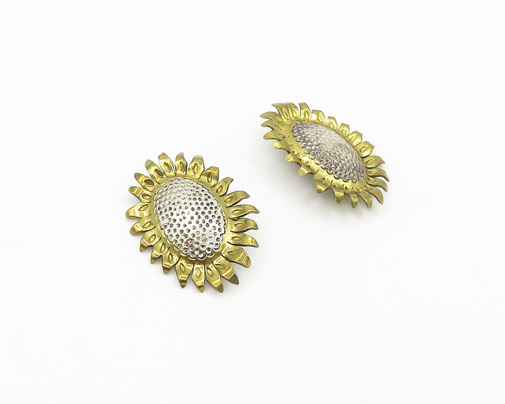 MEXICO 925 Silver  Vintage 2 Tone Sunflower Motif Non Pierce Earrings  EG9199