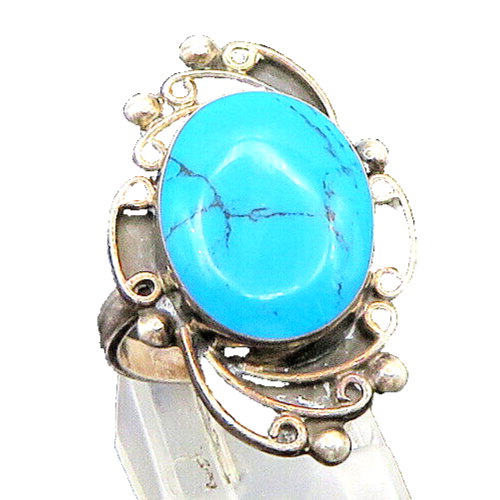 MEXICO 925 Silver  Vintage Cabochon Turquoise Swirl Band Ring Sz 7  RG22832