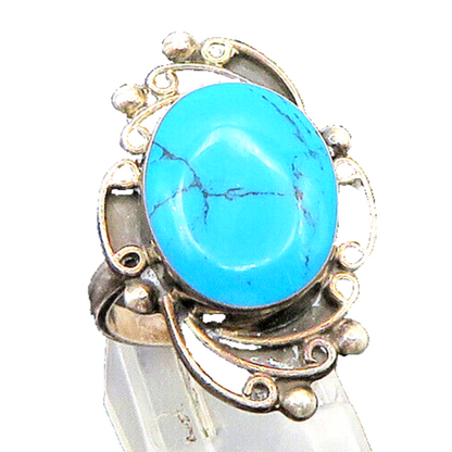 MEXICO 925 Silver  Vintage Cabochon Turquoise Swirl Band Ring Sz 7  RG22832