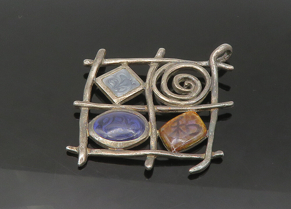 925 Sterling Silver  Vintage Enamel Detail Sculpted Grid Pendant  PT17976