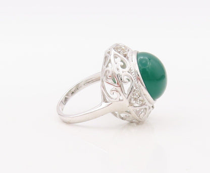 925 Sterling Silver Vintage Ring Swirly Cutout Round Green Onyx  Sz 7.5 RG30213