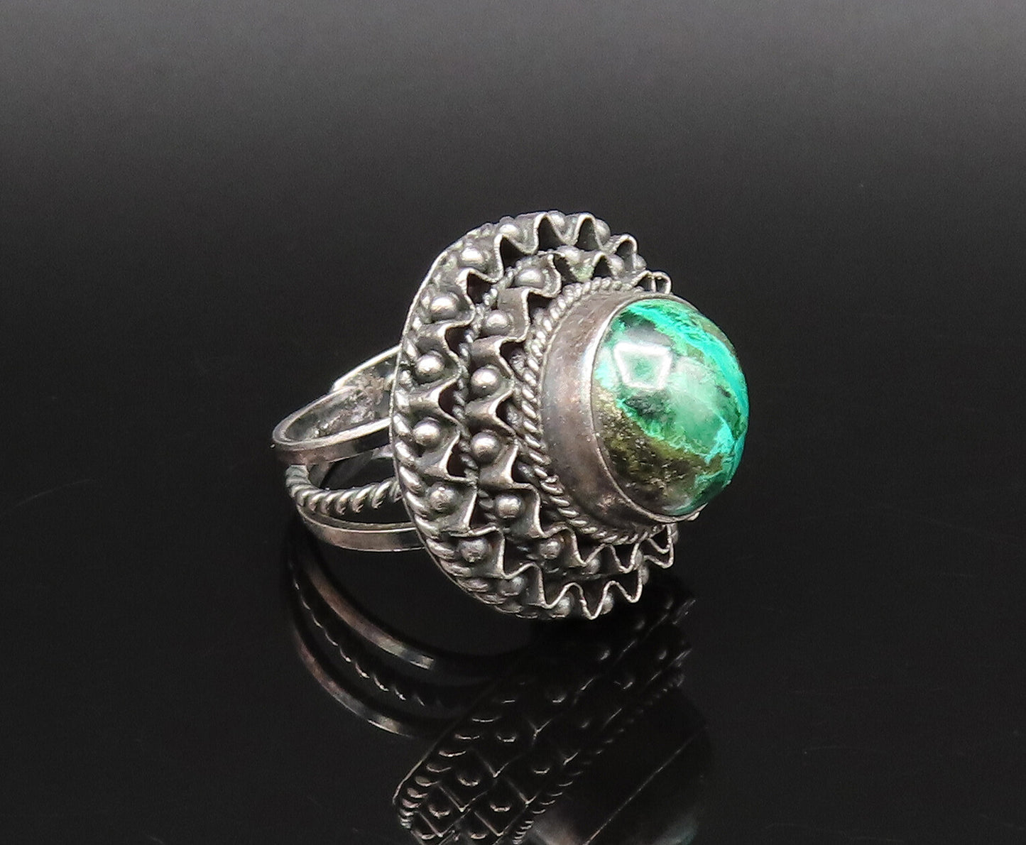 ISRAEL 925 Silver  Vintage Beaded Wavy Round Chrysocolla Ring Sz 5  RG25919