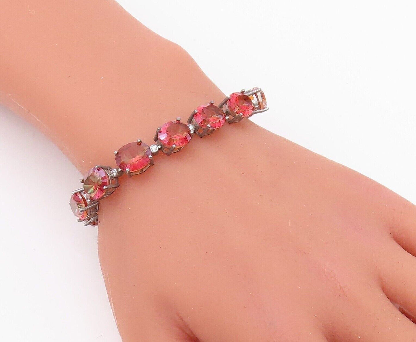 925 Sterling Silver Vintage Bracelet Orange Oval Cut Gemstone & CZ Links BT10751