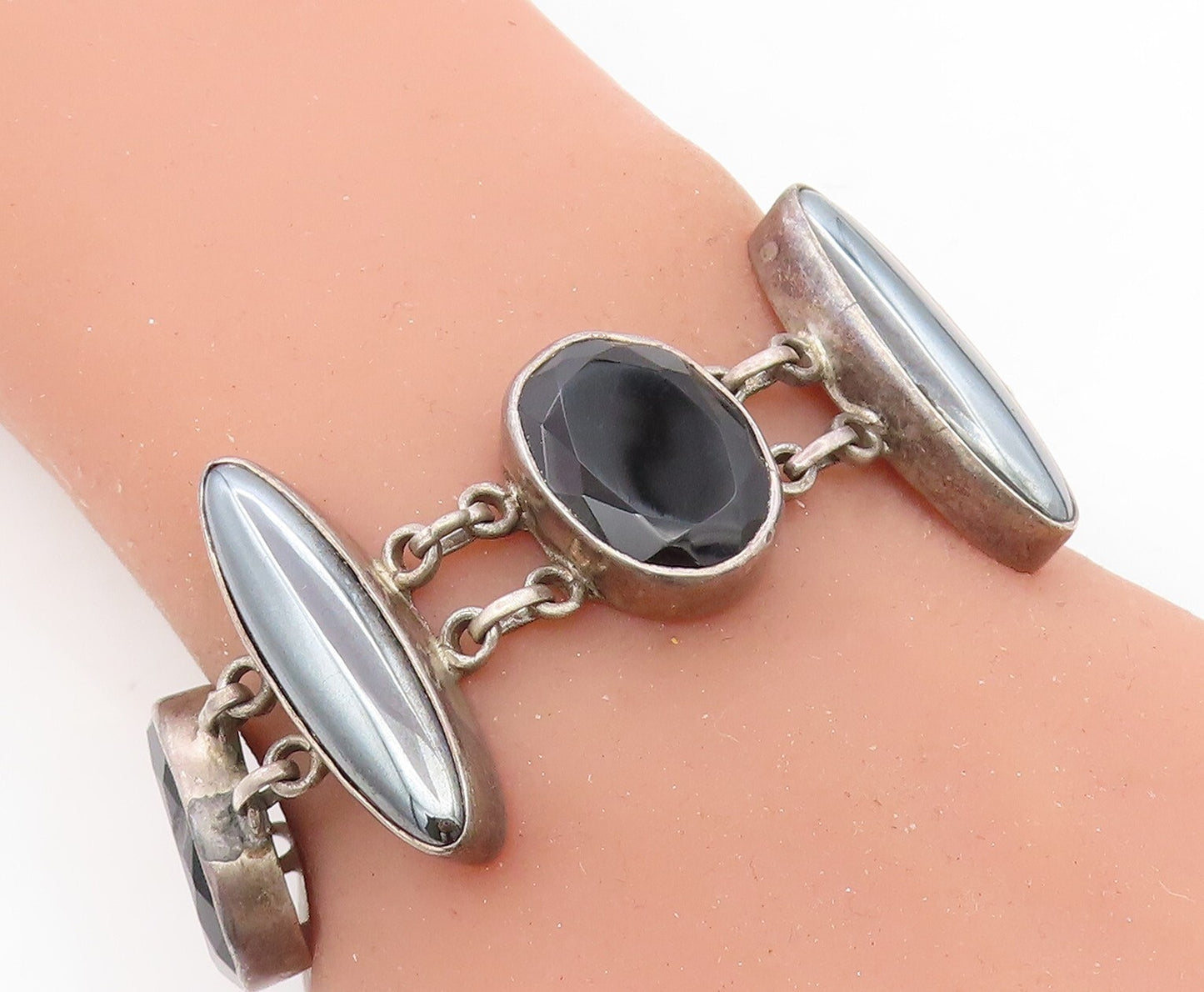925 Sterling Silver Vintage Hematite Multi Shape Link Chain Bracelet BT3148