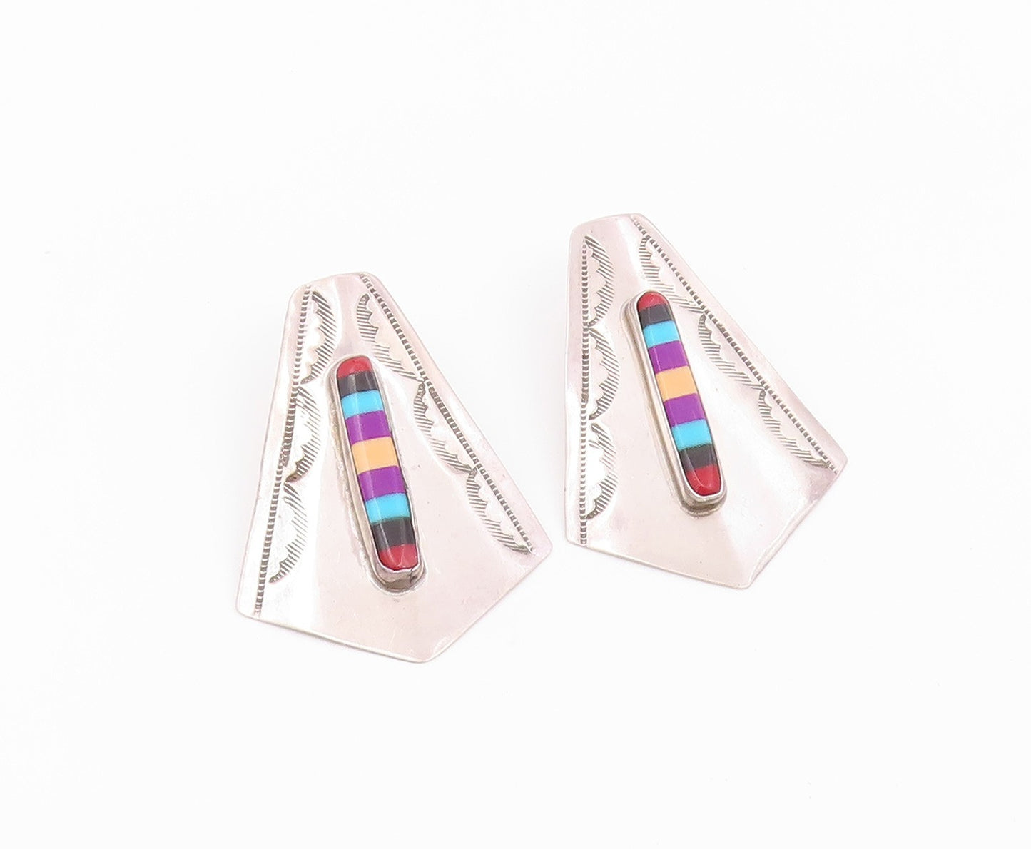 925 Sterling Silver Vintage Earrings SOUITHWESTERN Multi Gemstone Stud  EG14513