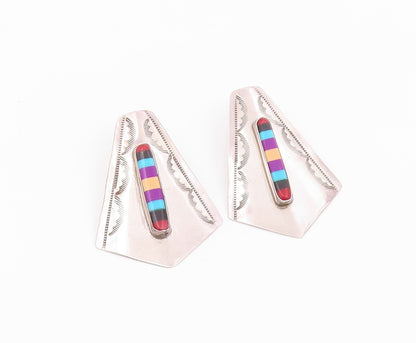 925 Sterling Silver Vintage Earrings SOUITHWESTERN Multi Gemstone Stud  EG14513