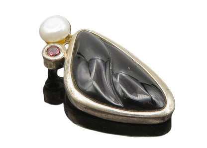 925 Sterling Silver  Vintage Black Onyx Pearl & Amethyst Drop Pendant  PT7611