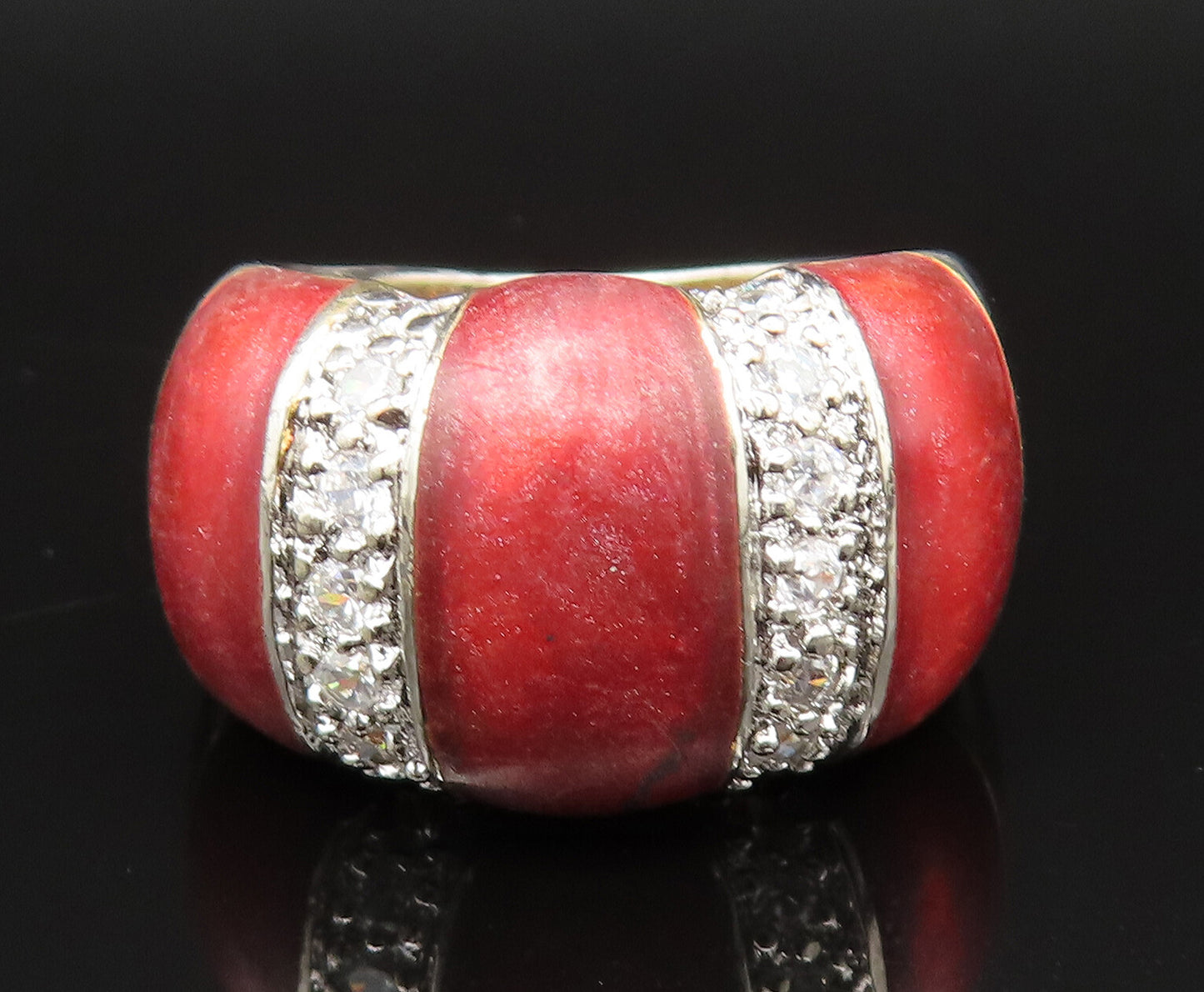 925 Sterling Silver  Vintage Enamel & Cubic Zirconia Dome Ring Sz 5  RG25379