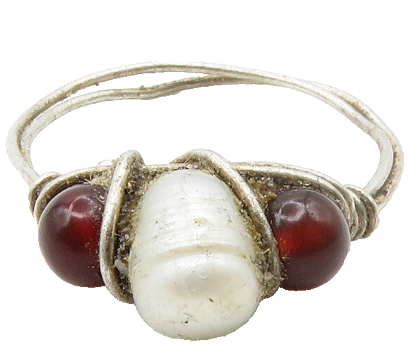 925 Silver  Vintage Pearl & Red Topaz Modernist Band Ring Sz 6.5  RG13667