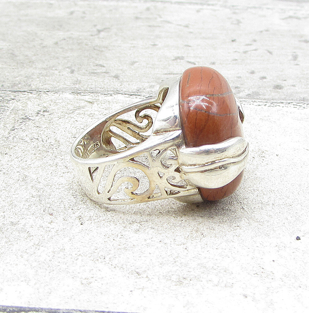 925 Sterling Silver  Red Jasper Floral Wrapped Solitaire Ring Sz 7  RG1570