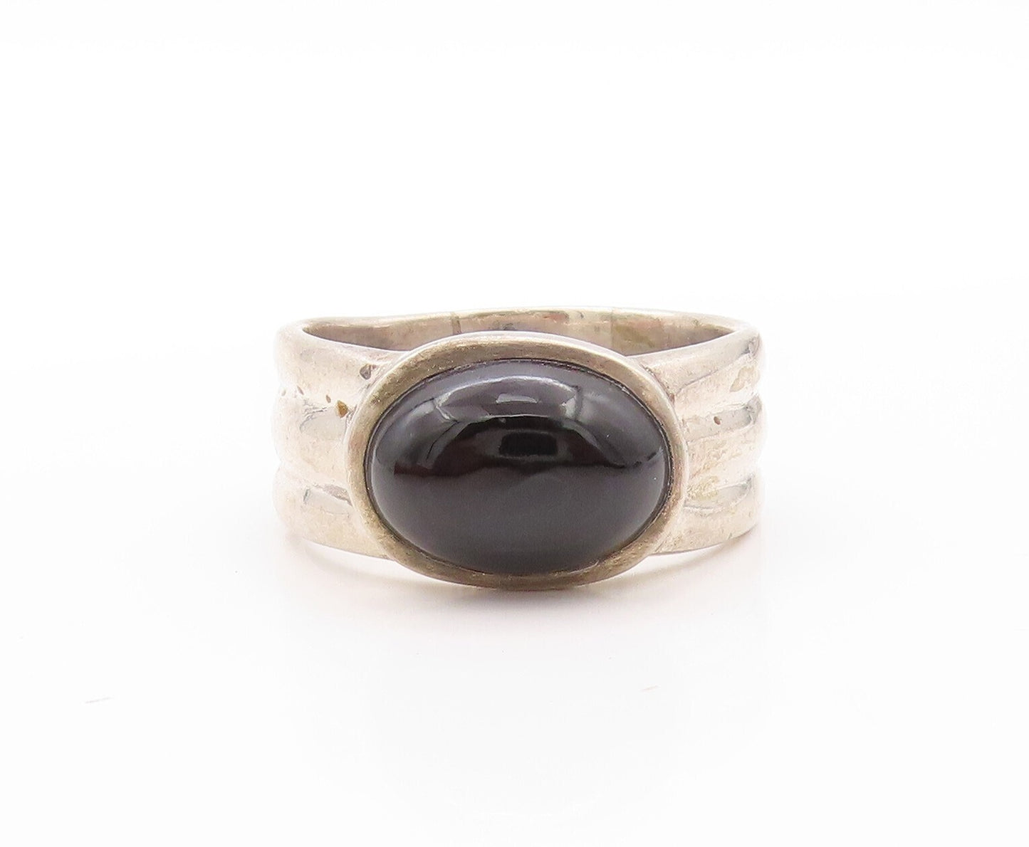 925 Sterling Silver Vintage Ring Carved Band Cabochon Oval Onyx  Sz 12.5 RG31443