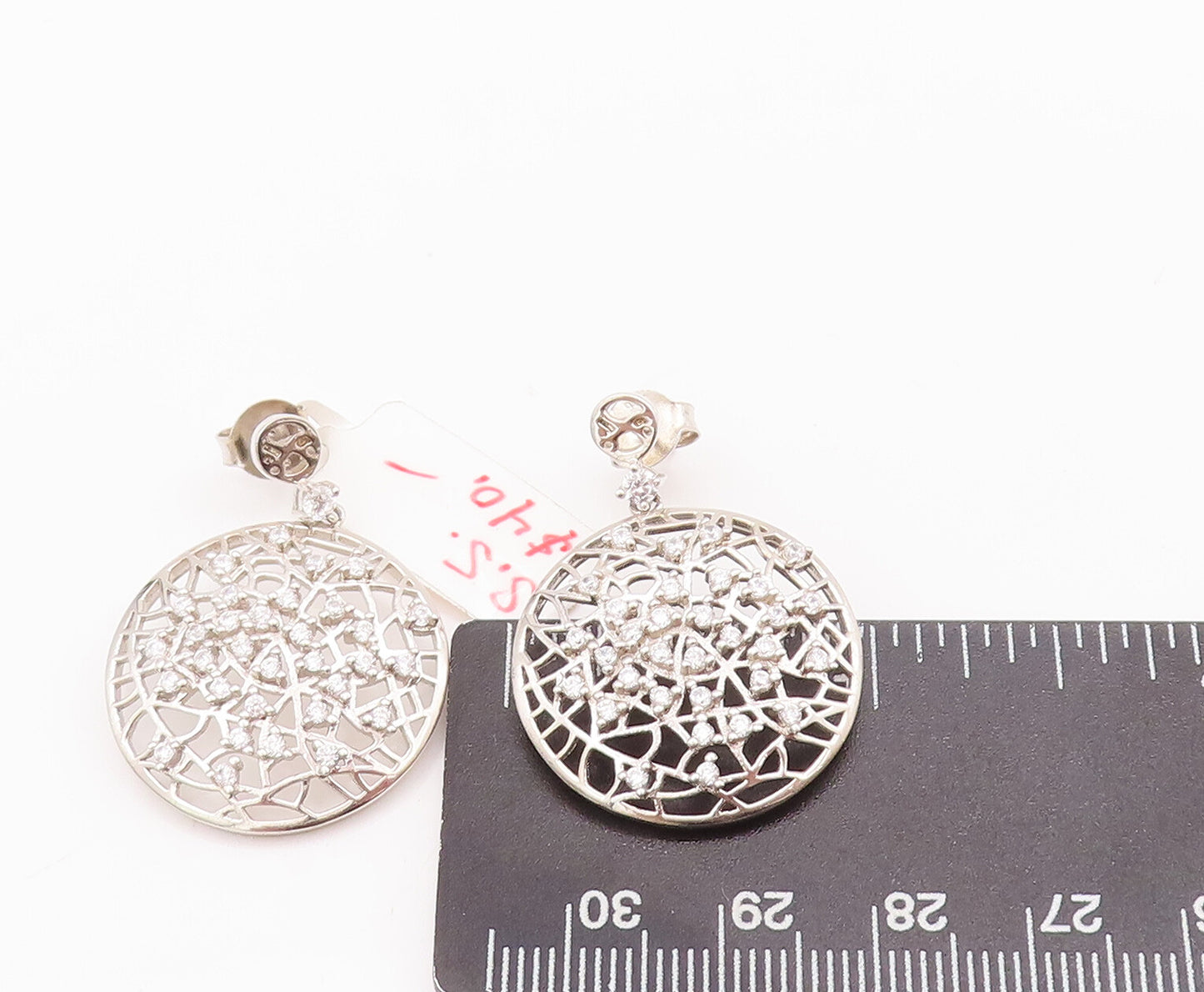 925 Sterling Silver Vintage Earrings Cutout Round Star Cluster Beaded CZ EG12962