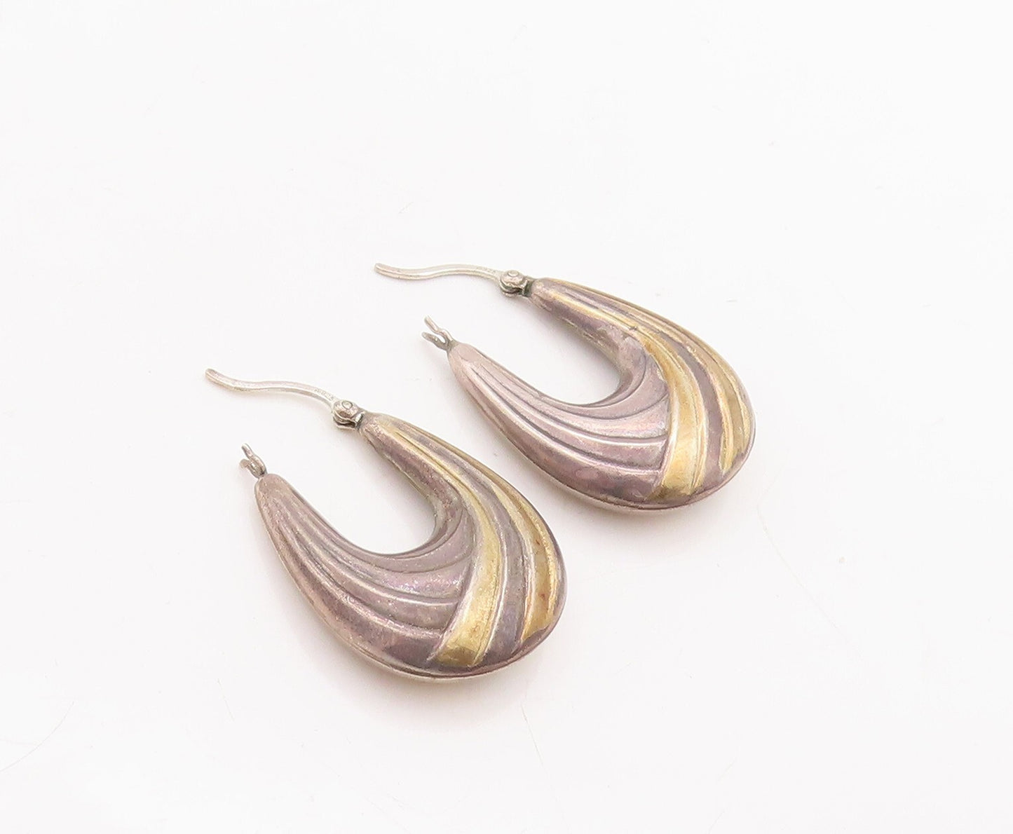 14k Gold 925 Sterling Silver Vintage Earrings Modernist Grooved U Hoop  EG13123
