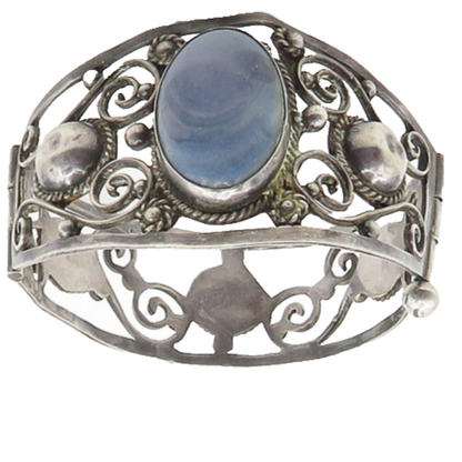 MEXICO 925 Silver  Vintage Blue Agate Baroque Swirl Bangle Bracelet  BT7518