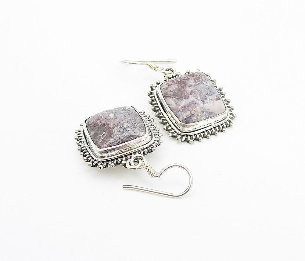 925 Sterling Silver  Vintage Cabochon Cut Jasper Square Drop Earrings  EG3232