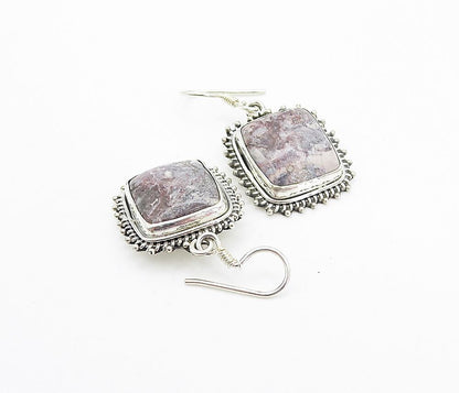 925 Sterling Silver  Vintage Cabochon Cut Jasper Square Drop Earrings  EG3232