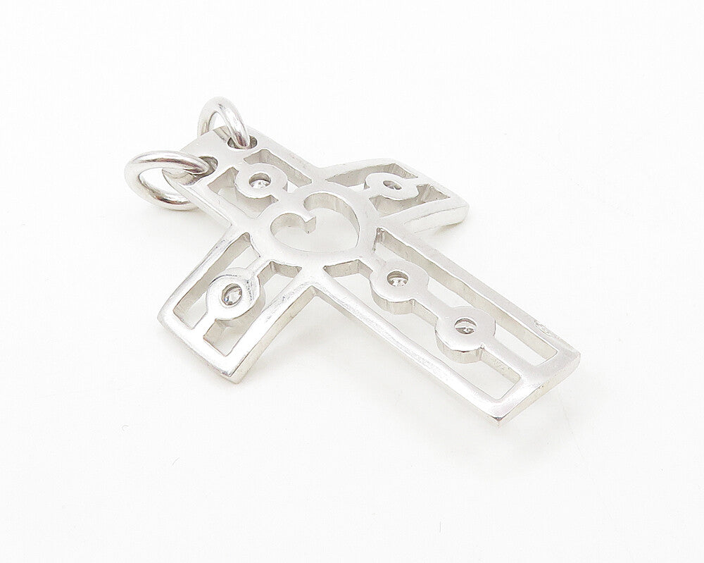 925 Sterling Silver  Cubic Zirconia Love Heart Religious Cross Pendant  PT7623