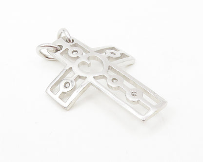 925 Sterling Silver  Cubic Zirconia Love Heart Religious Cross Pendant  PT7623