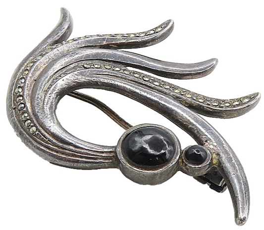 925 Sterling Silver  Vintage Black Onyx & Marcasite Swirl Brooch Pin  BP3478