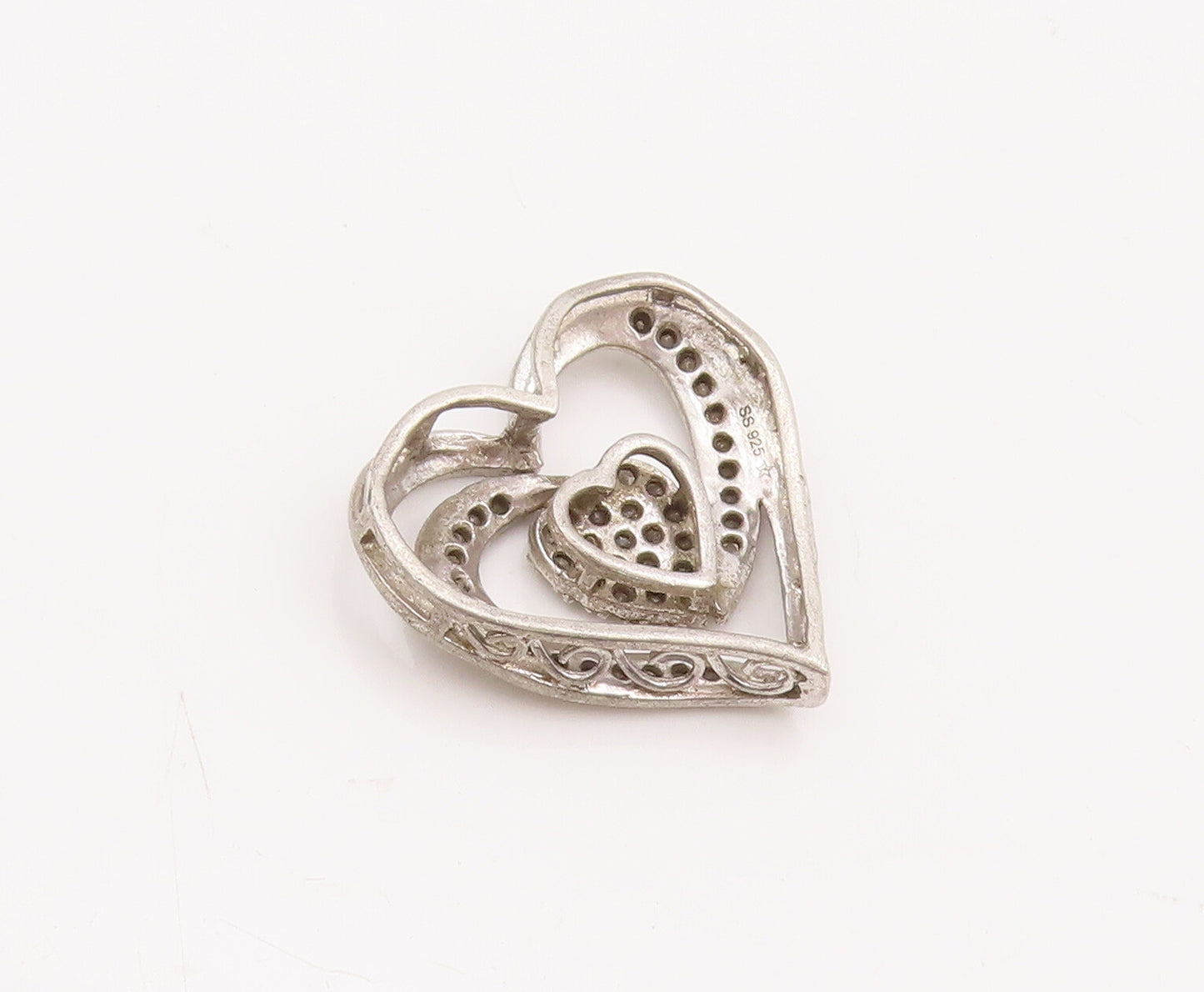 925 Sterling Silver Vintage Pendant Swirly Cutout Inlay Diamonds Heart  PT23087