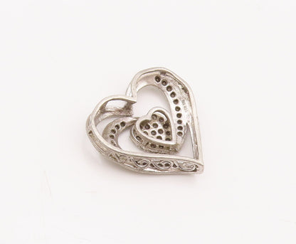 925 Sterling Silver Vintage Pendant Swirly Cutout Inlay Diamonds Heart  PT23087