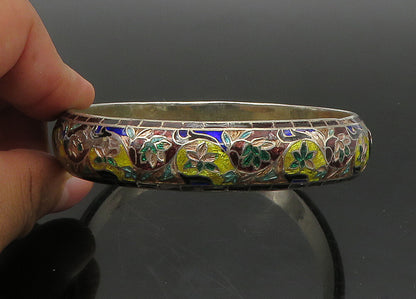 925 Sterling Silver  Vintage Enamel Floral Vine Art Bangle Bracelet  BT8962