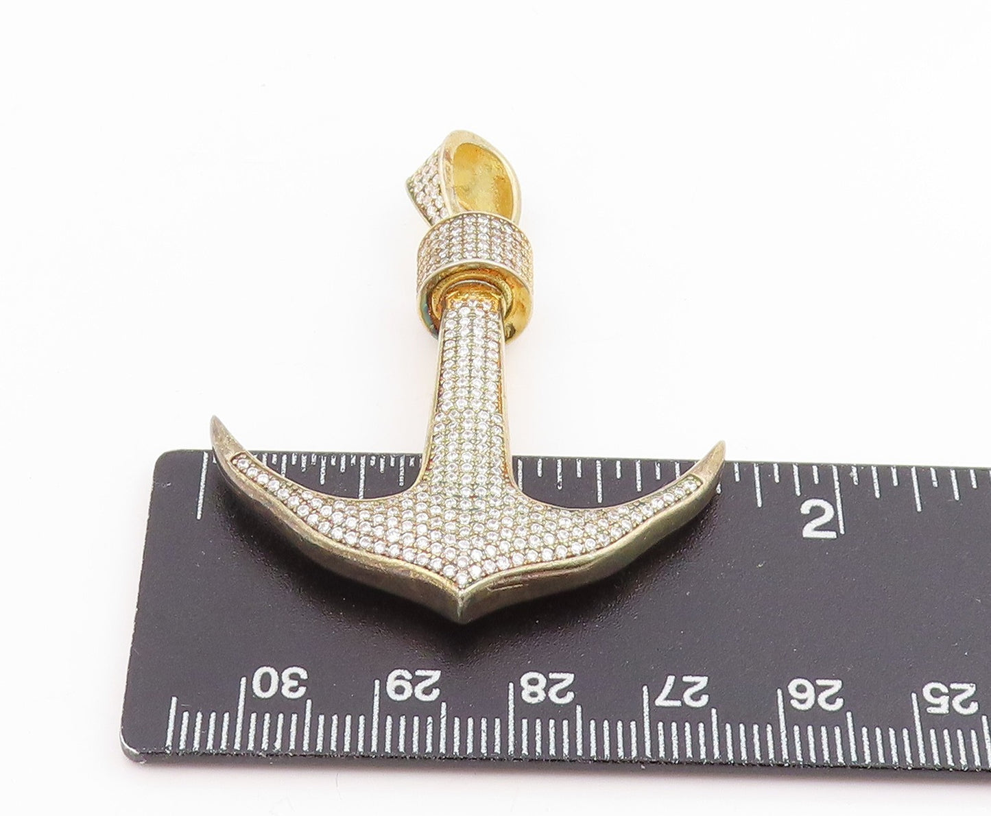 925 Sterling Silver Vintage Pendant Gold Plated CZ Nautical Anchor  PT25626