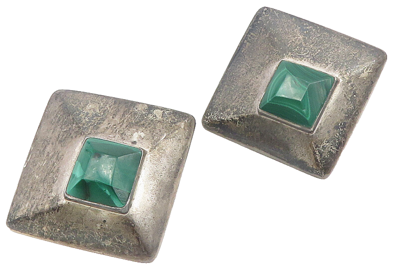 MEXICO 925 Sterling Silver  Vintage Malachite Square Dome Drop Earrings EG5554