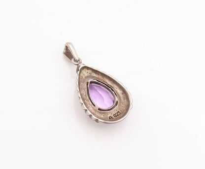 925 Sterling Silver Vintage Pendant Dark Tone Framed Drop Cut Amethyst  PT24555