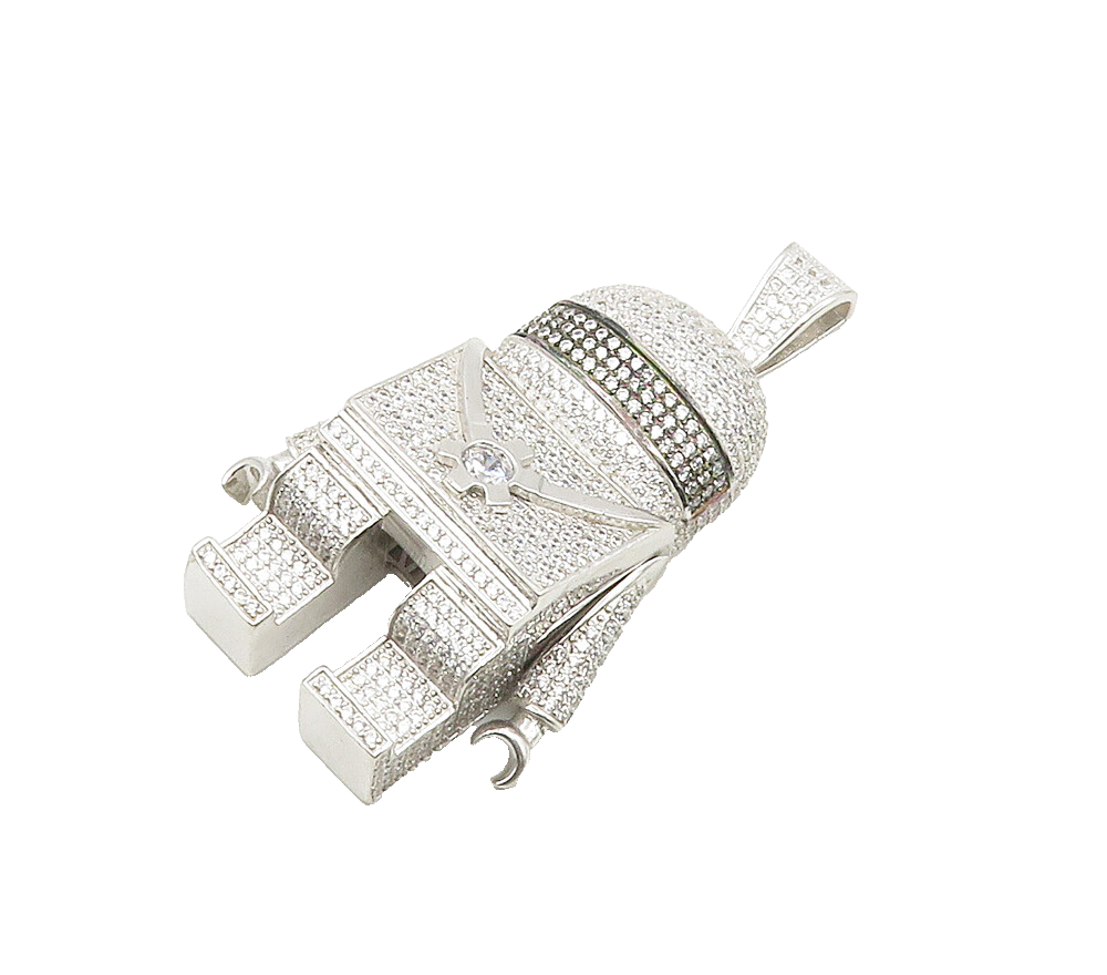 925 Sterling Silver  Modernist Cubic Zirconia Encrusted Robot Pendant  PT12198