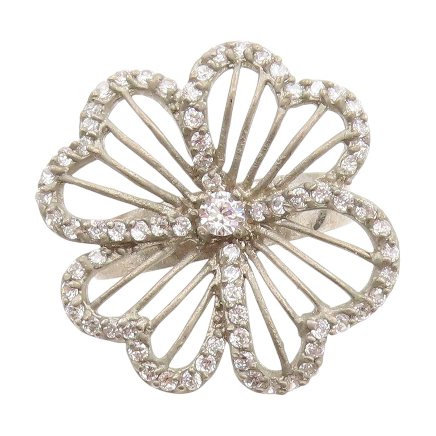 925 Sterling Silver Vintage Ring CZ Openwork Floral Blossom Band  Sz 7  RG34080