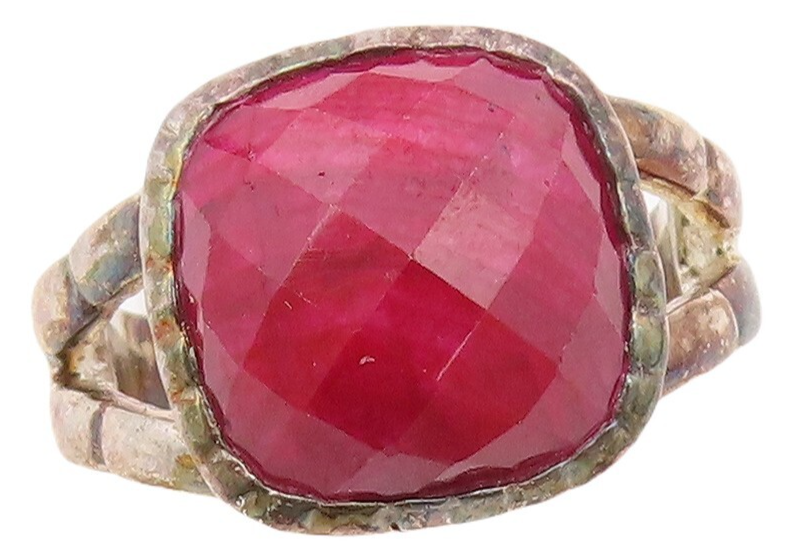 925 Sterling Silver Vintage Ring Split Band Square Red Gemstone  Sz 7  RG30301