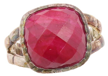 925 Sterling Silver Vintage Ring Split Band Square Red Gemstone  Sz 7  RG30301