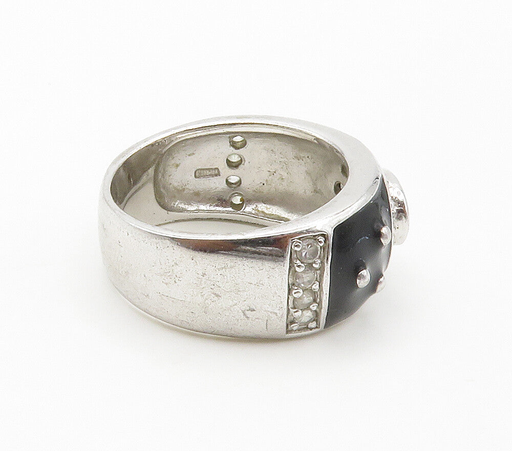 925 Sterling Silver  Topaz & Black Enamel Shiny Band Ring Sz 8  RG15215