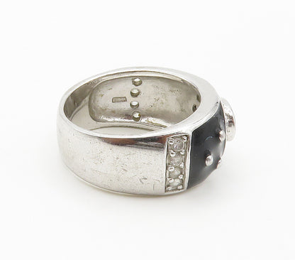 925 Sterling Silver  Topaz & Black Enamel Shiny Band Ring Sz 8  RG15215