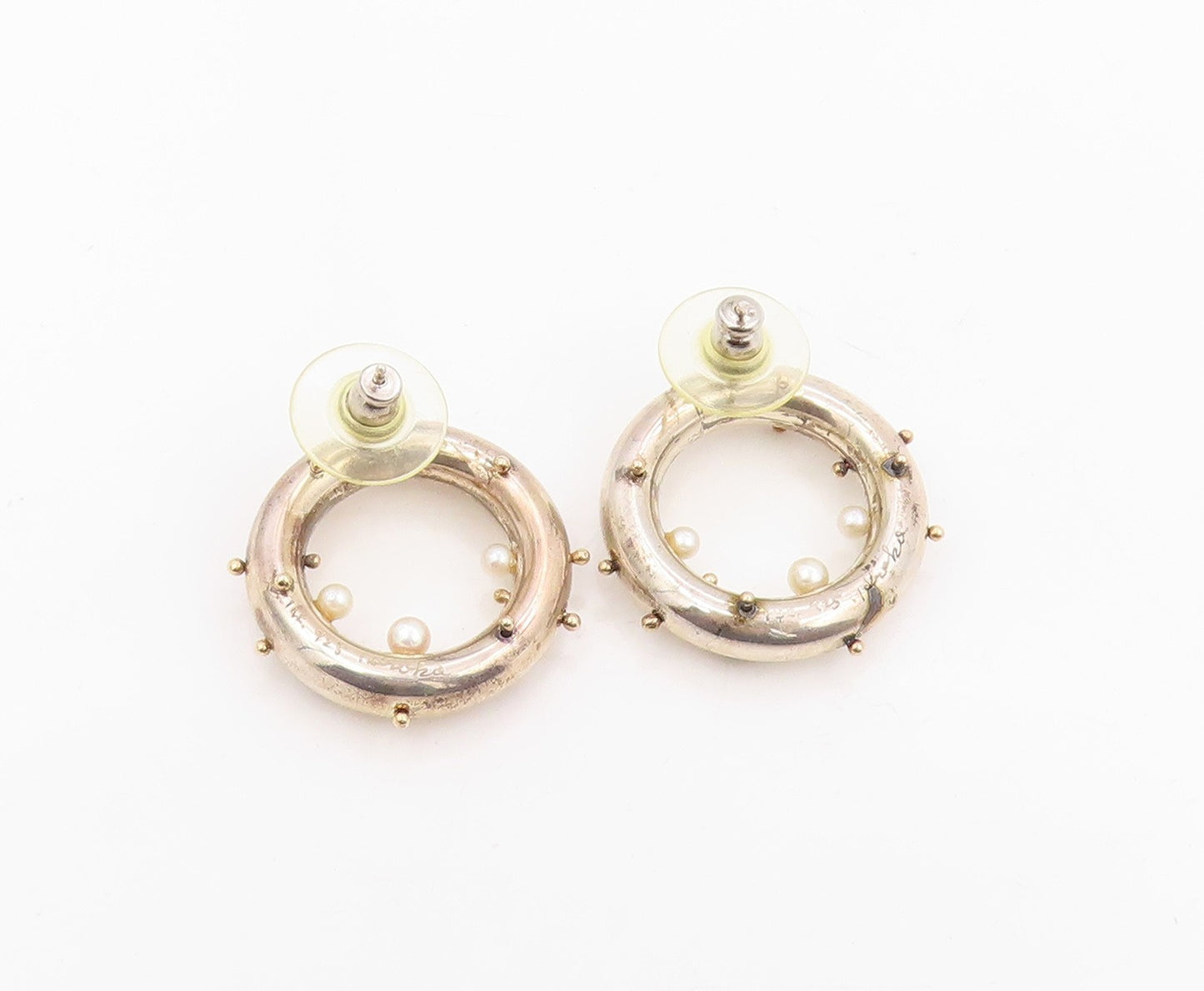 18k Gold & 925 Sterling Silver Vintage Earrings HIROKO YAMADA Pearls  EG13989