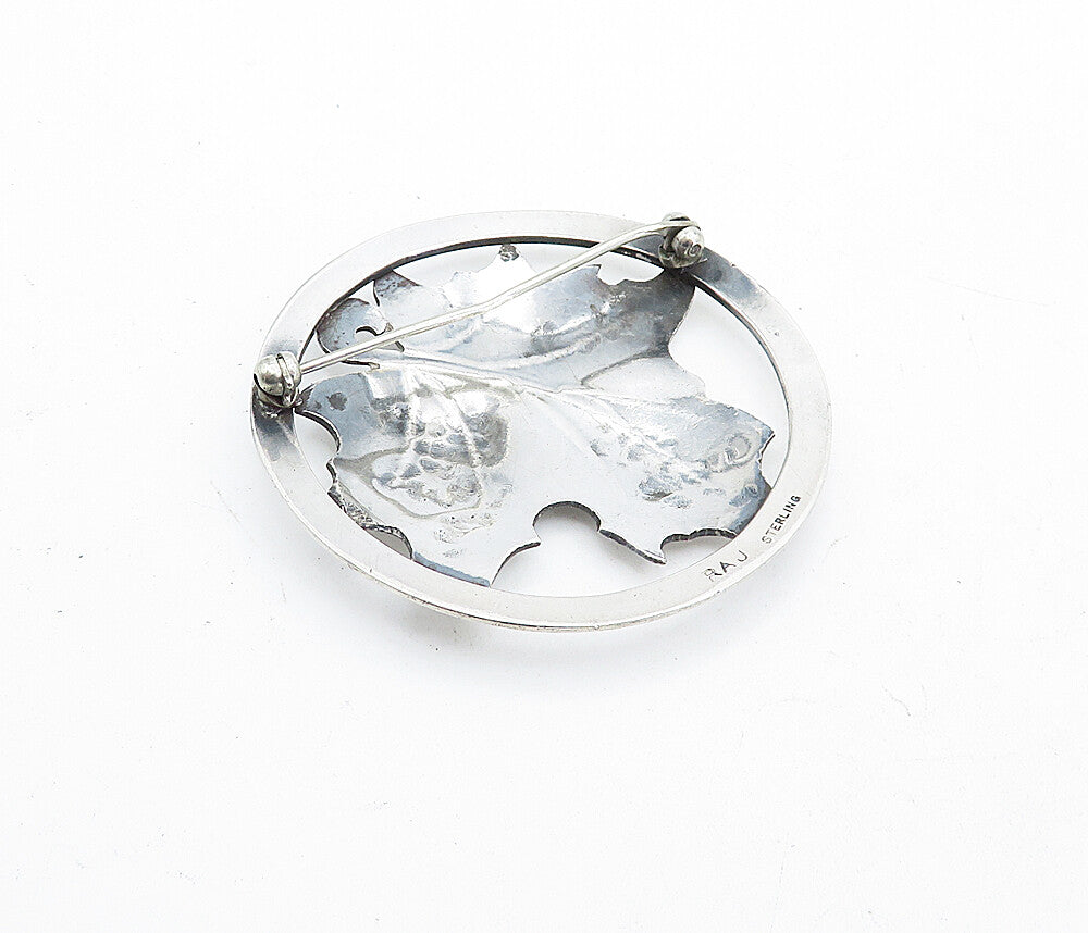 925 Sterling Silver  Vintage Shiny Single Autumn Leaf Round Brooch Pin  BP1986