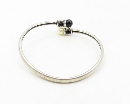 KBN KABANA 925 Silver  Vintage Pearl & Onyx Bypass Cuff Bracelet  BT4375