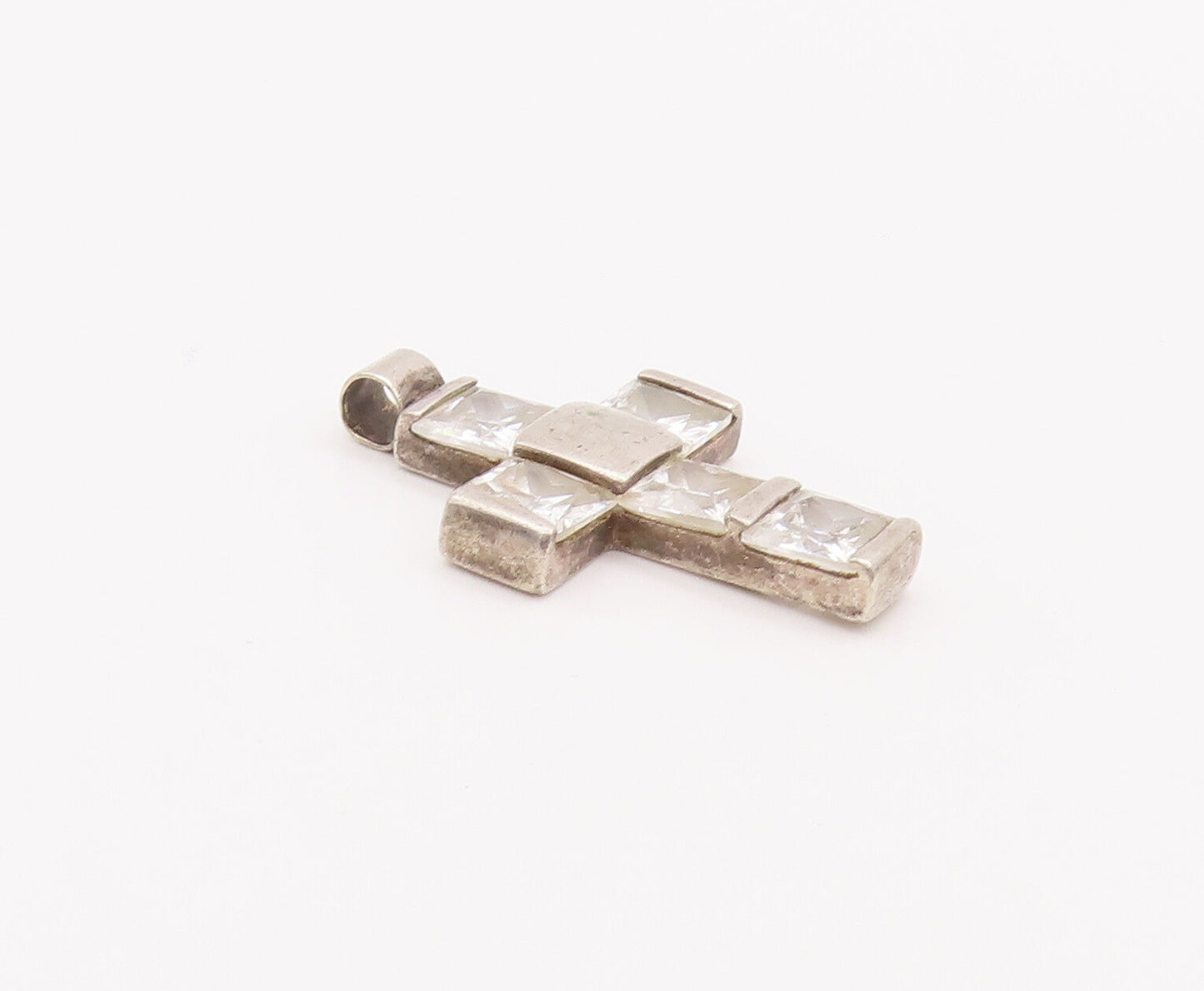 925 Sterling Silver Vintage Pendant Checked Pattern Square Cut CZ Cross  PT23001