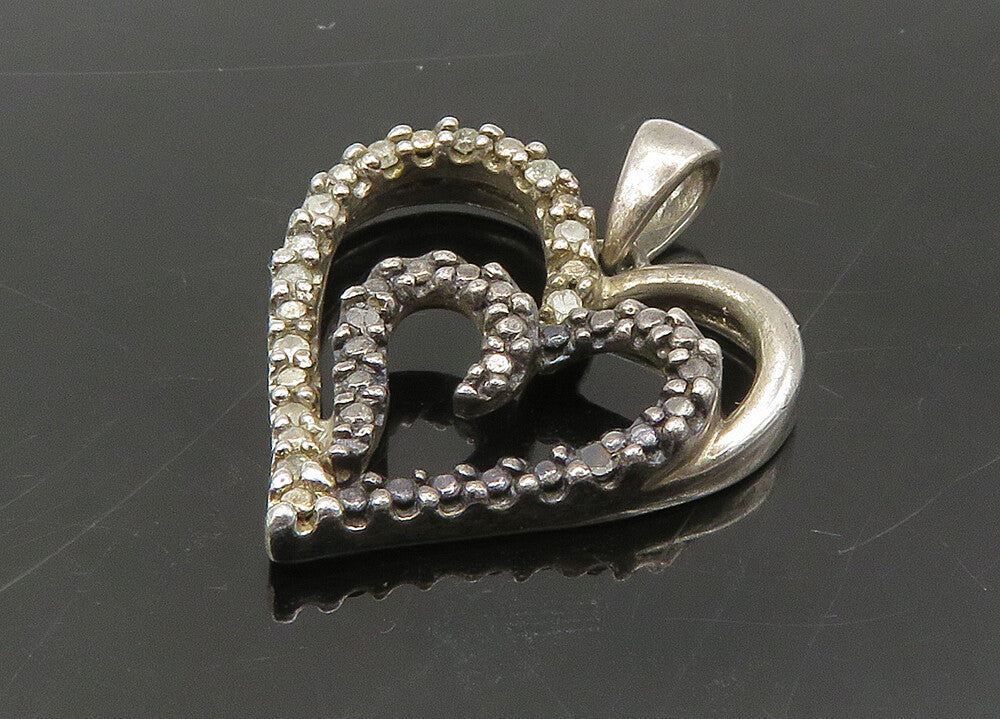 925 Sterling Silver  Vintage Genuine Diamonds Love Hearts Pendant  PT17839