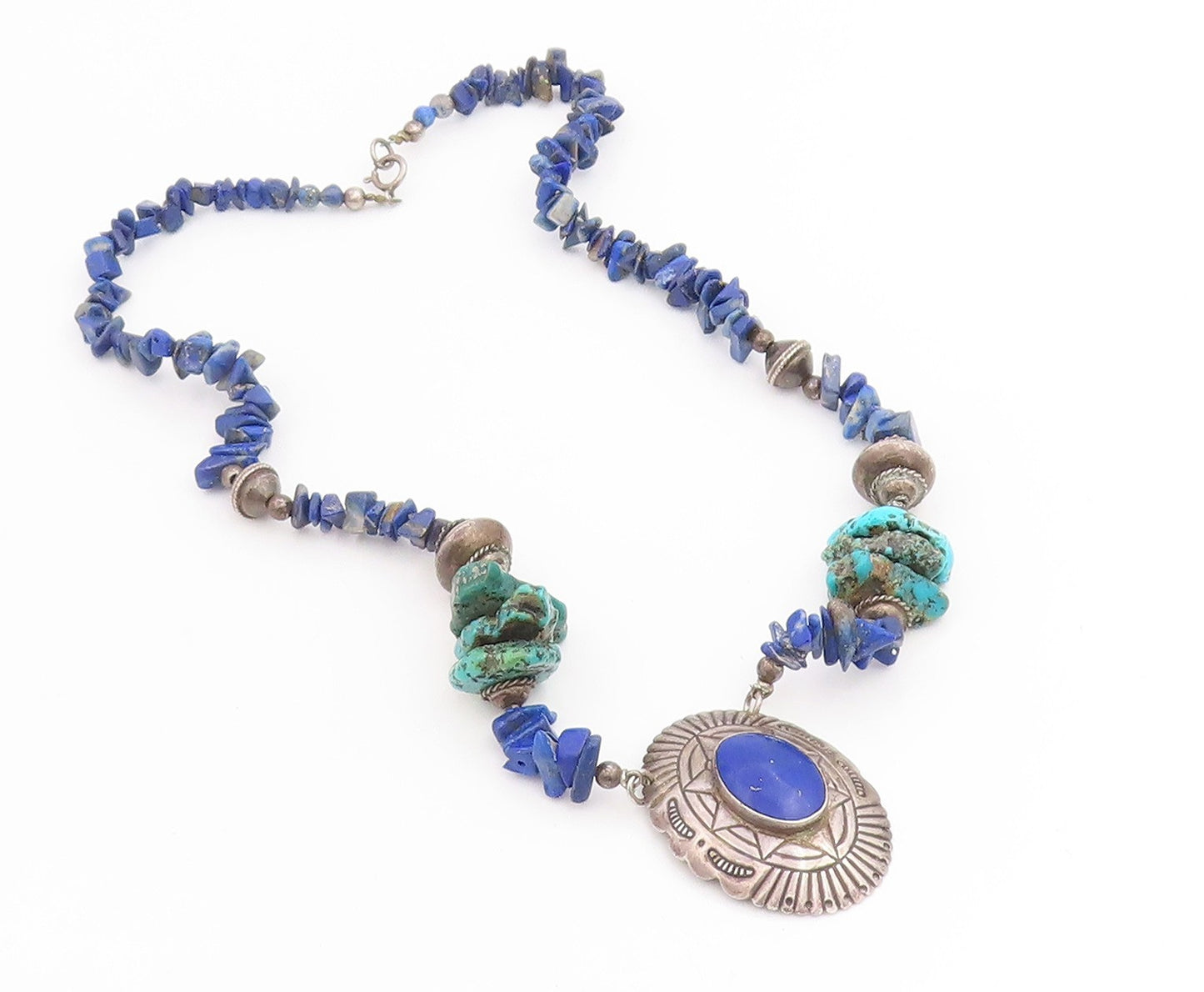 925 Sterling Silver Vintage Necklace SOUTHWESTERN Lapis Lazuli Bead Chain NE4786